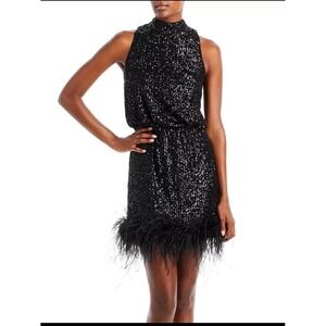 Eliza J Black Sequined Feathered Zippered Sleeveless Halter Dress Size 8 Party